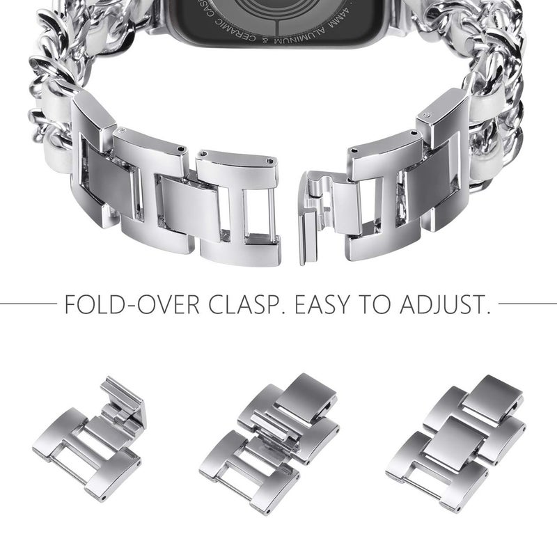NewWays for Apple Watch Band Series 10 46mm 45mm 44mm 42mm Series3 4 5 6 7 8 9 Ultra 49mm, Jewelry Bracelet for iWatch Band for Women, Silver Link with White Leather - Image 3